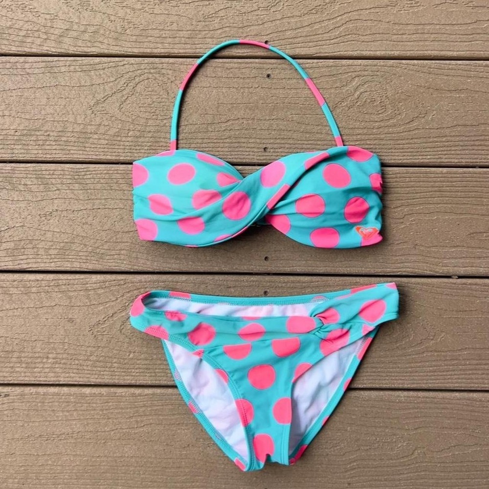Y2K Roxy Teal & Pink Polka Dot 2 Pc Bikini Set Swimsuit Halter Preppy Fits S